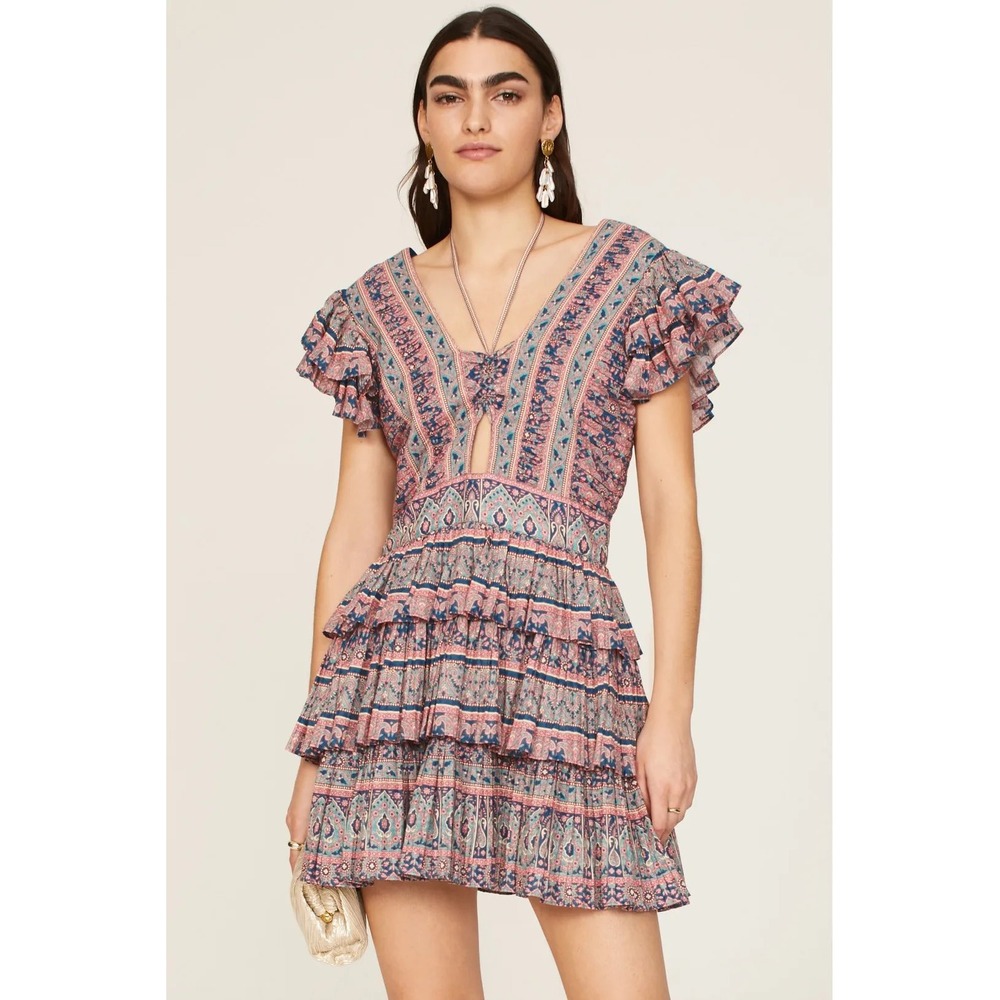 Sea New York Parker Flutter Dress Blue Pink‎ Boho Printed Mini Size 6